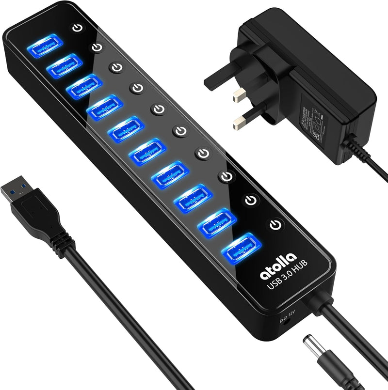 atolla 10 Port Powered USB 3.0 Hub with England Standard Adapter(CH-310U3, UK Plug)