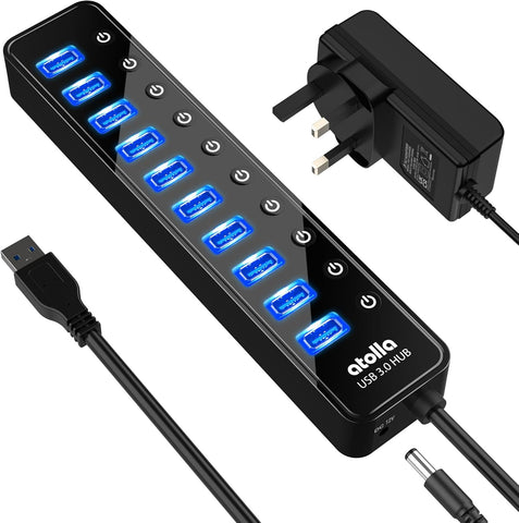 atolla 10 Port Powered USB 3.0 Hub with England Standard Adapter(CH-310U3, UK Plug)