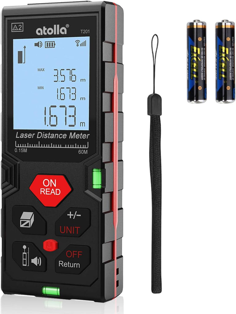 atolla 60m Laser Distance Range Finder with Bubble Level and Large LCD Backlit (T201)