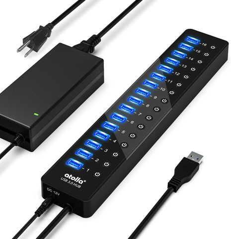 atolla 16-Port Powered USB Hub with American Standard 12V/6A Power Adapter and Individual Switches(CH-316U3, US Plug)