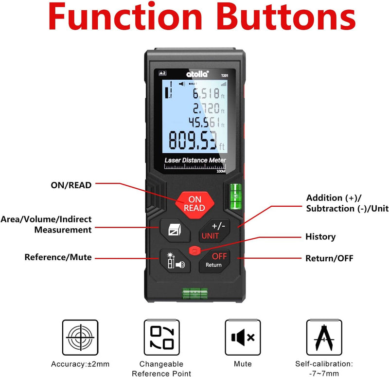atolla 100m Laser Distance Range Finder with Bubble Level and Large LCD Backlit (T201-100)