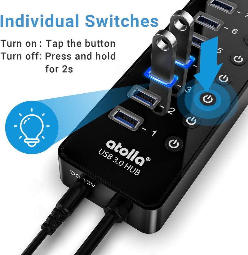 atolla 16-Port Powered USB Hub with American Standard 12V/6A Power Adapter and Individual Switches(CH-316U3, US Plug)