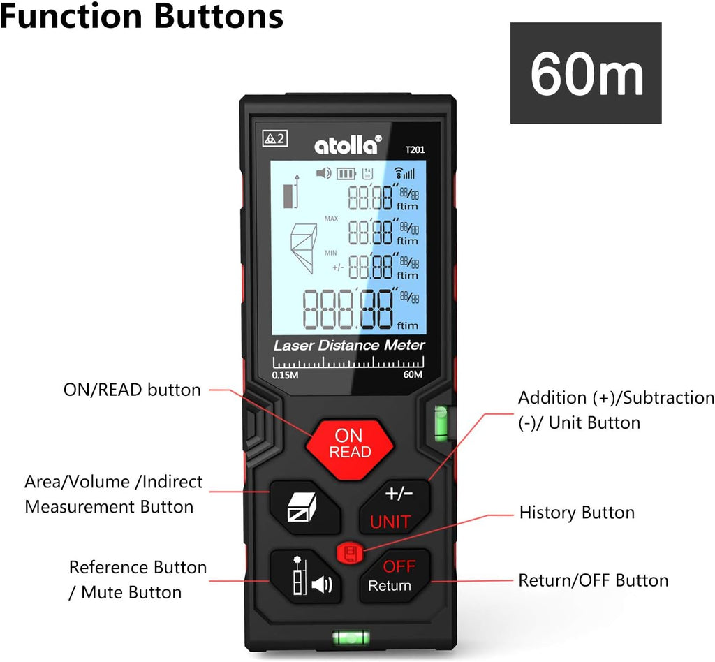 atolla 60m Laser Distance Range Finder with Bubble Level and Large LCD Backlit (T201)
