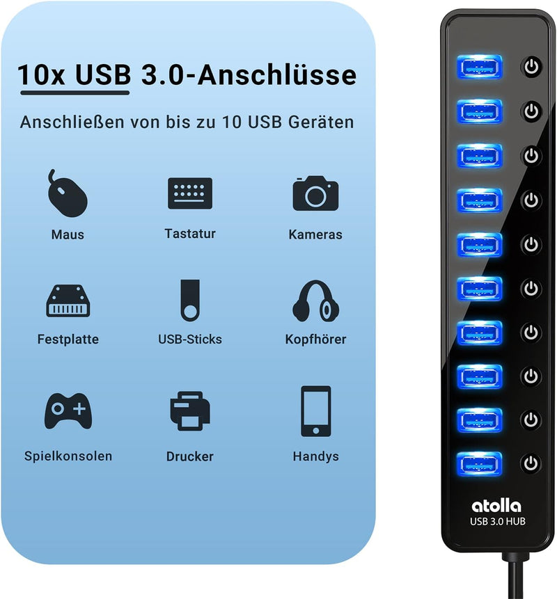 atolla 10 Port Powered USB 3.0 Hub with England Standard Adapter(CH-310U3, UK Plug)