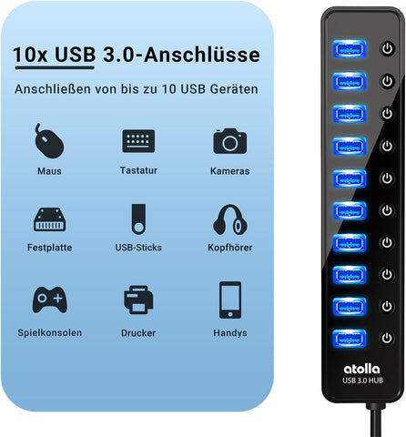 atolla 10 Port Powered USB 3.0 Hub with England Standard Adapter(CH-310U3, UK Plug)