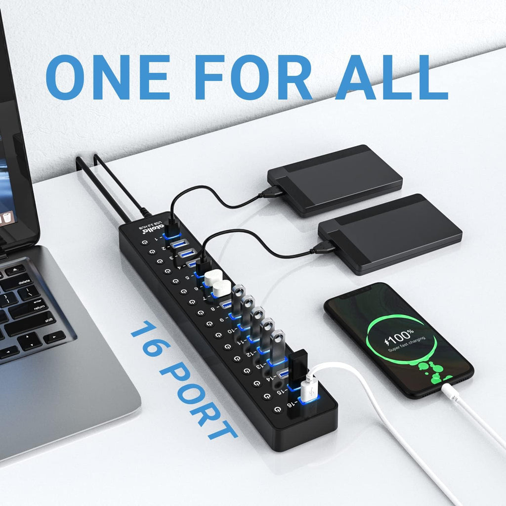 atolla 16-Port Powered USB Hub with American Standard 12V/6A Power Adapter and Individual Switches(CH-316U3, US Plug)