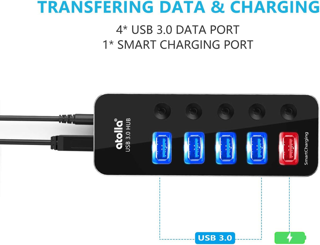 atolla 5-Port USB 3.0 Hub with England Standard Adapter(D2, UK Plug)