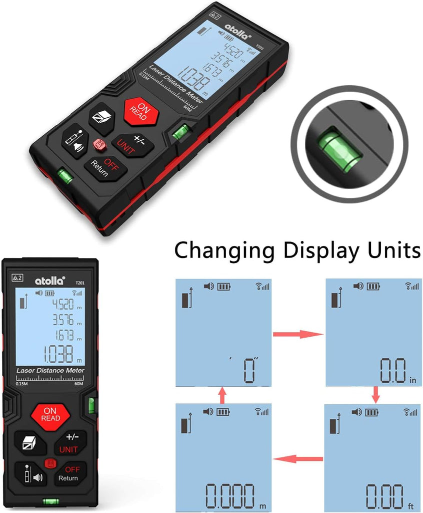 atolla 60m Laser Distance Range Finder with Bubble Level and Large LCD Backlit (T201)