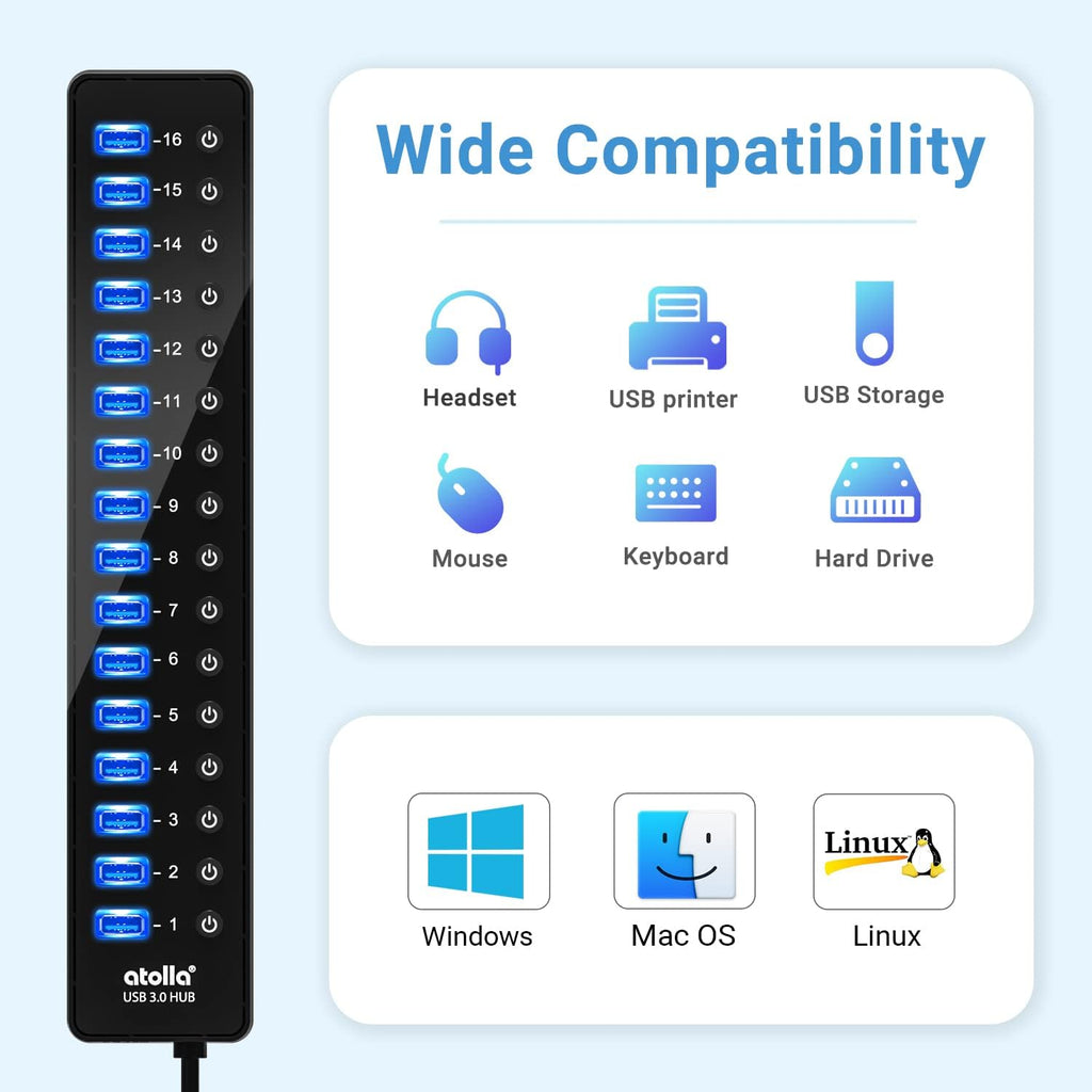 atolla 16-Port Powered USB Hub with American Standard 12V/6A Power Adapter and Individual Switches(CH-316U3, US Plug)