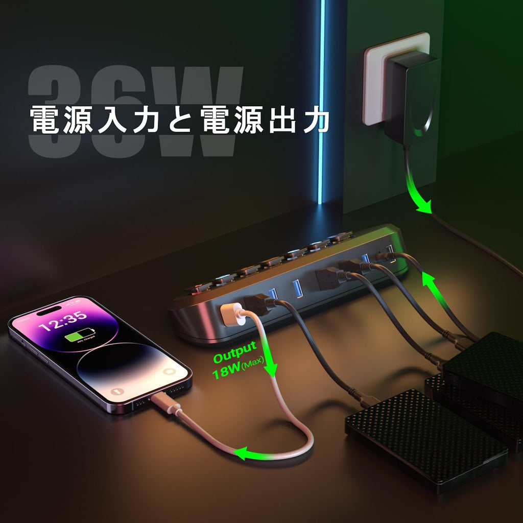 atolla 7-Port Powered USB 3.0 Hub with Swappable Illuminated Icon Switch and Japanese Standard 12V/3A Power Adapter (KR307, Japanese Plug)