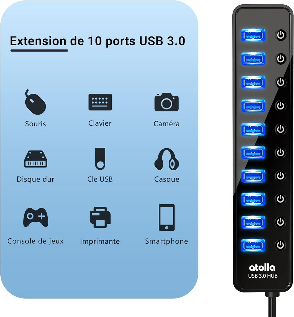 atolla 10 Port Powered USB 3.0 Hub with European Standard Adapter(CH-310U3, EU Plug)