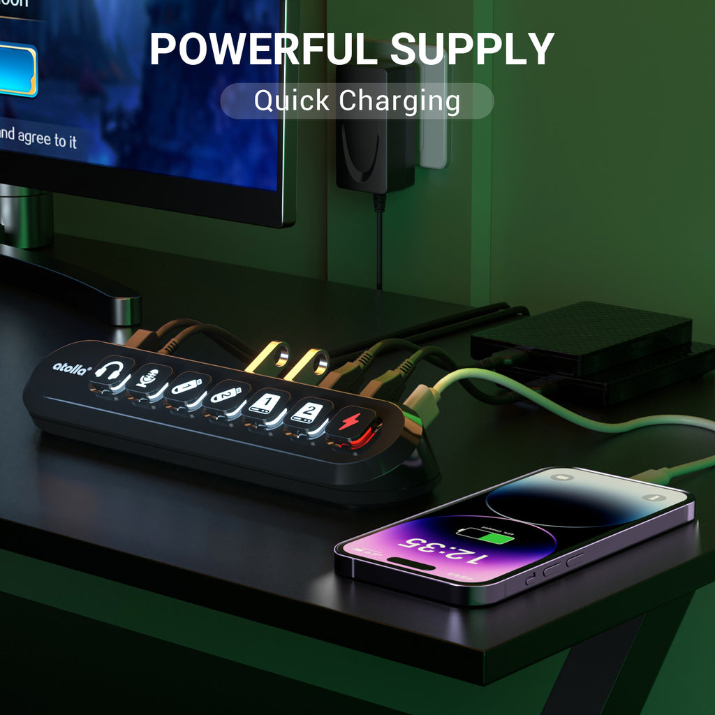 atolla 7-Port Powered USB 3.0 Hub with Swappable Illuminated Icon Switch and 12V/3A European Standard Power Adapter (KR307, European Plug)