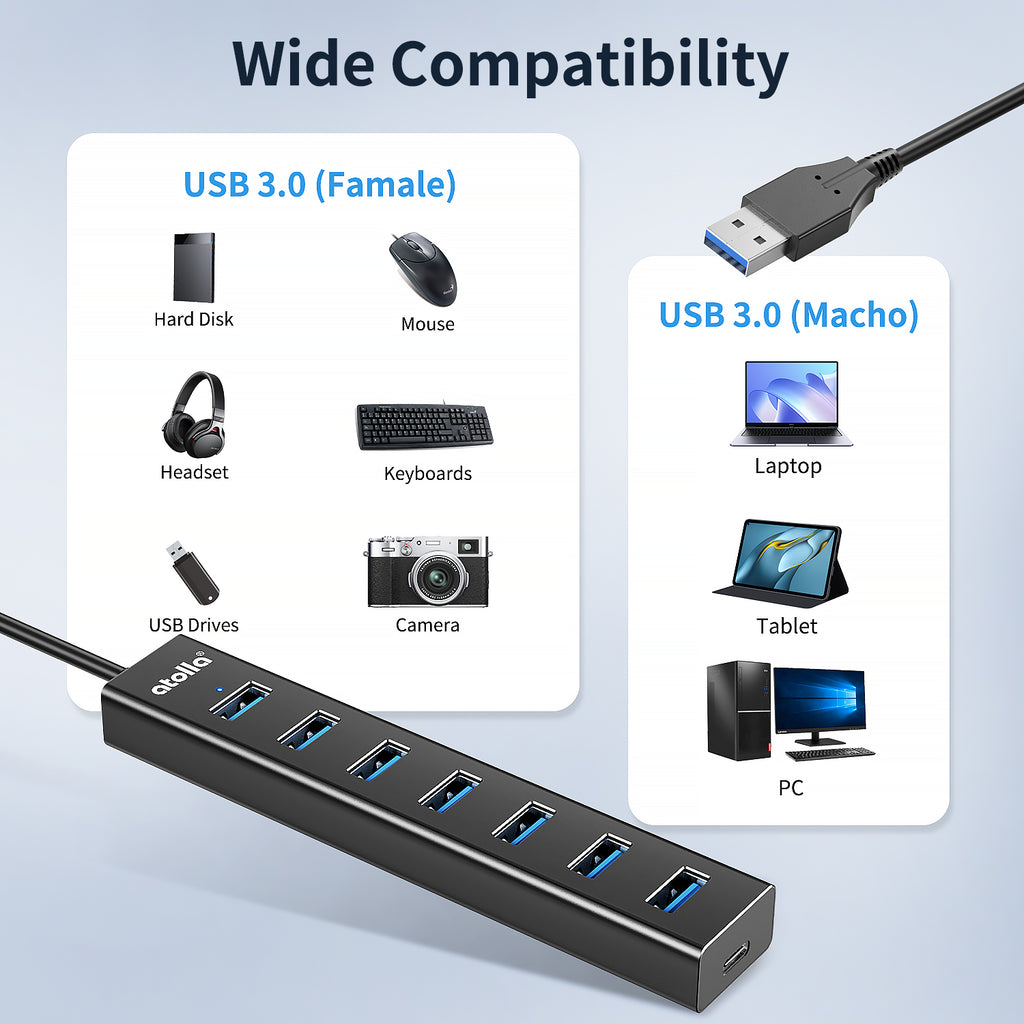 atolla 7 Port USB 3.0 Hub with 100CM Extender Cable(ZH-700)