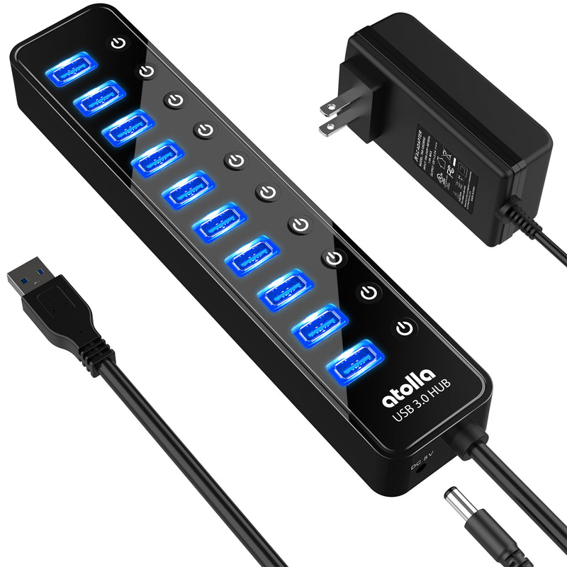 atolla 10 Port Powered USB 3.0 Hub with American Standard Adapter(CH-310U3, US Plug)