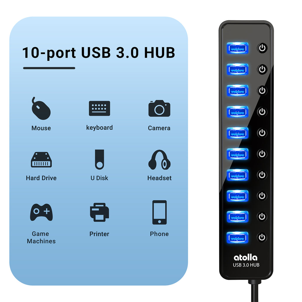 atolla 10 Port Powered USB 3.0 Hub with American Standard Adapter(CH-310U3, US Plug)