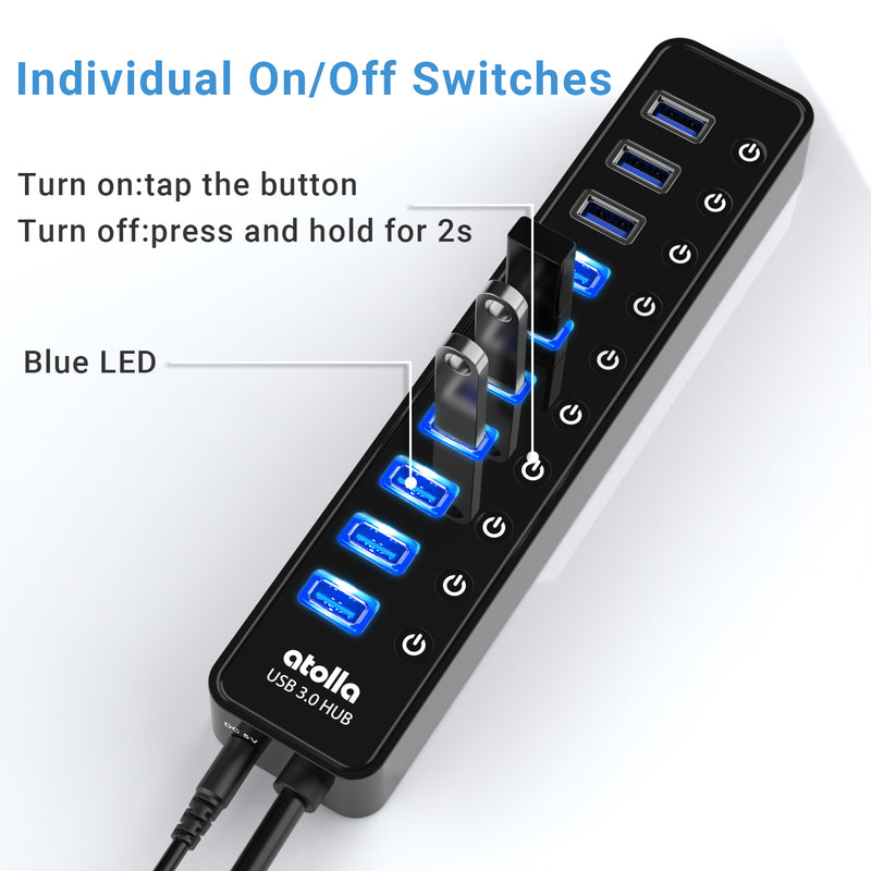 atolla 10 Port Powered USB 3.0 Hub with American Standard Adapter(CH-310U3, US Plug)