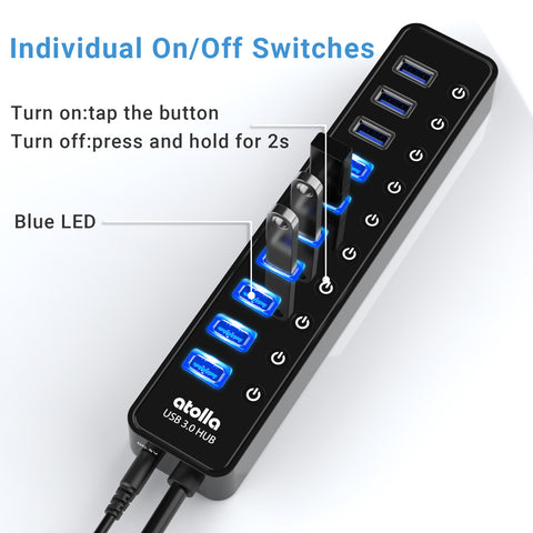 atolla 10 Port Powered USB 3.0 Hub with American Standard Adapter(CH-310U3, US Plug)