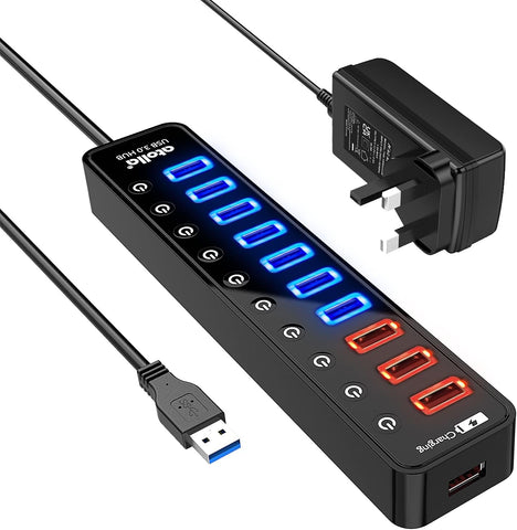 atolla 11-Port Powered USB 3.0 Hub with England Standard Adapter (CH-210U3, UK Plug)