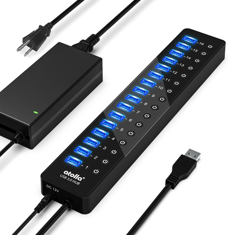 atolla 16-Port Powered USB Hub with American Standard 12V/6A Power Adapter and Individual Switches（CH-316U3, US Plug）