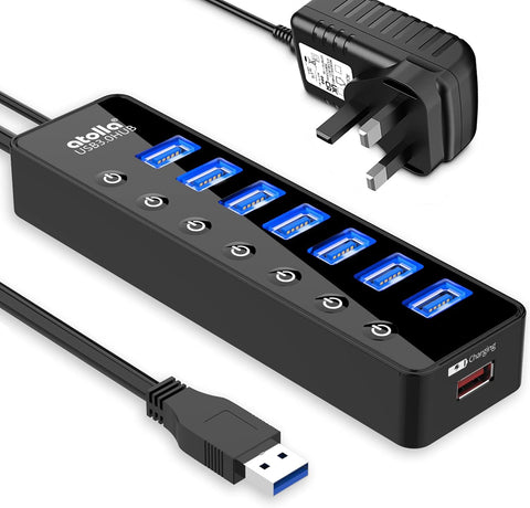 atolla 8-Ports Powered USB 3.0 Hub with England Standard Adapter (CH-207U3, UK Plug)