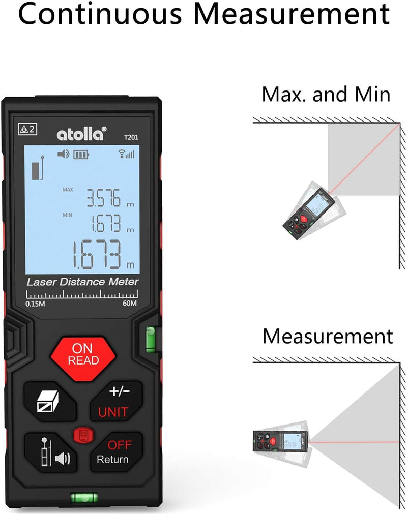 atolla 60m Laser Distance Range Finder with Bubble Level and Large LCD Backlit （T201）