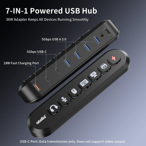 atolla 7-Port Powered USB Hub with US Standard Power Adapter（KR407, US Plug)