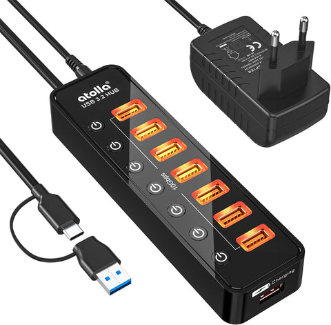 atolla 8-Port USB 3.2/USB C Hub with European standard Powered adapter（CH-207U3.2A, EU Plug）