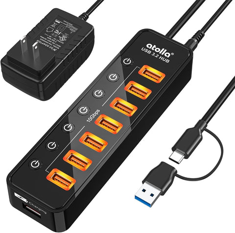 atolla 8-Port USB 3.2/USB C Hub with US standard Powered adapter（CH-207U3.2A, US Plug）