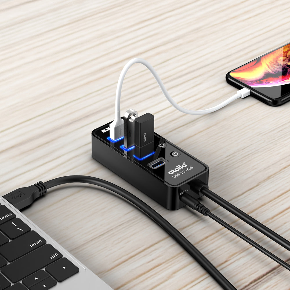 Aceele USB 3.0 Hub Splitter, 4 Ports USB Data Hub with Individual LED  Button On/Off Switches and Type C Power Port, Ultra Slim & Portable Powered  USB