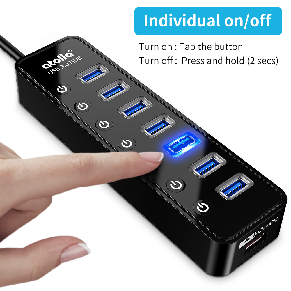 Powered USB Hub 3.0 Atolla 7-Port USB Data Hub Splitter with One Smart Charging Port and Individual On/Off Switches and 5V/4A Power Adapter USB