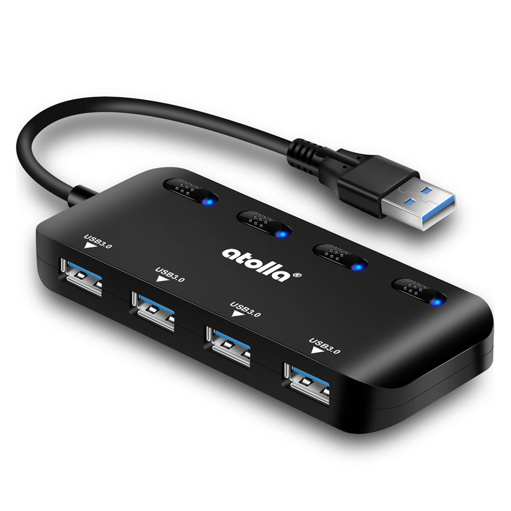 Hub USB 3.0 Satkit A 4 Porte | Alta Velocità 5 Gbps | Con Interruttori LED E ON/OFF | Alimentazione Esterna Opzionale | Nero | Plug & Play