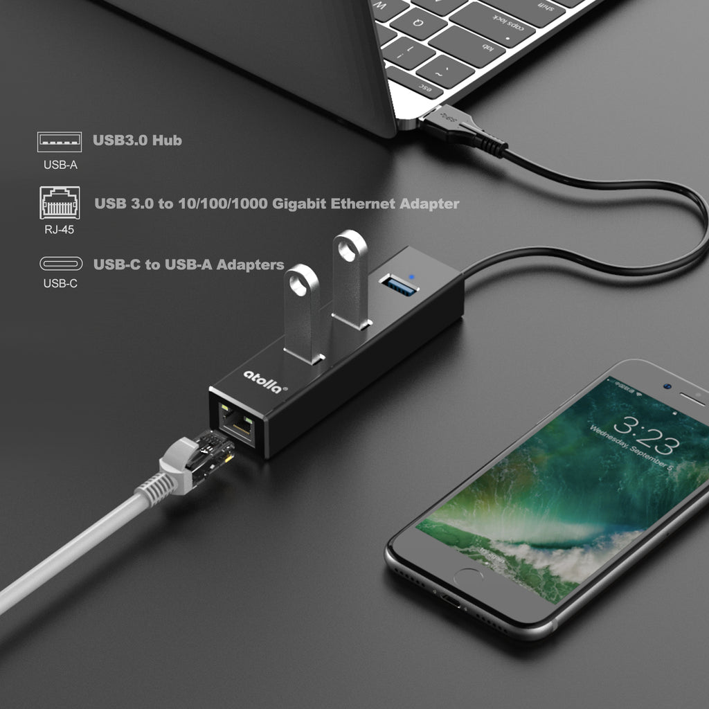 Anluomafuy Adaptateur USB Ethernet Gigabit - 3 Ports USB 3.0 + 1 Port USB-C + RJ45 1000 Mbit/s, Compatible Windows Mac Linux - 12