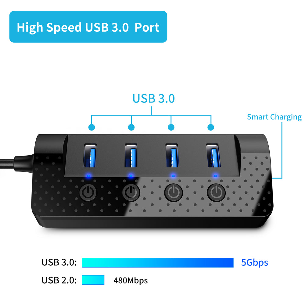 Powered USB Hub 3.0 Atolla USB Hub with 4 USB 3.0 Data Ports and 1 USB Smart Charging Port USB Splitter with Individual Power Switches and 5v/3a